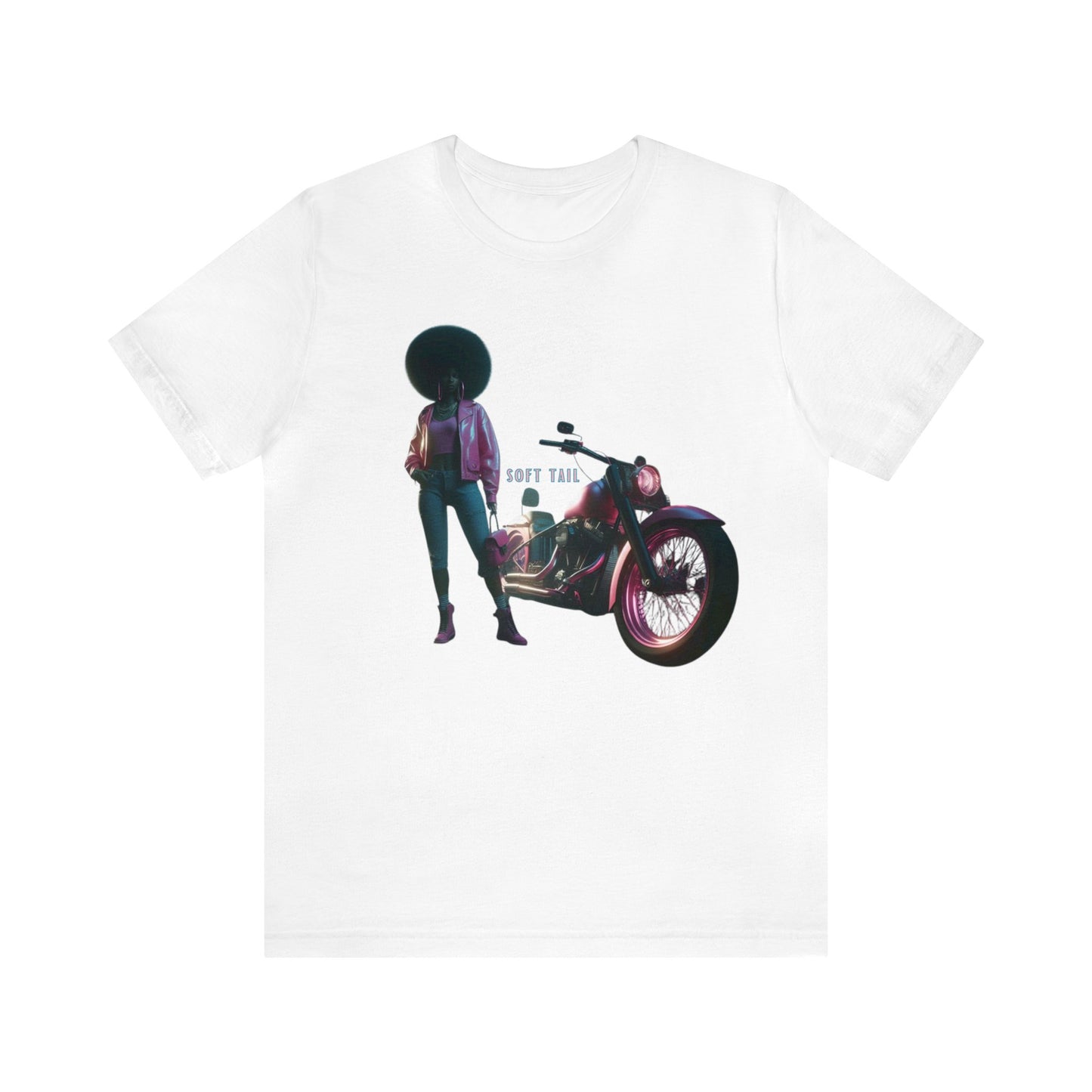 Unleash your inner diva with our 'Soft Tail' Tee! Pink motorcycle, a black goddess in reflective glam ride in style, own the road.