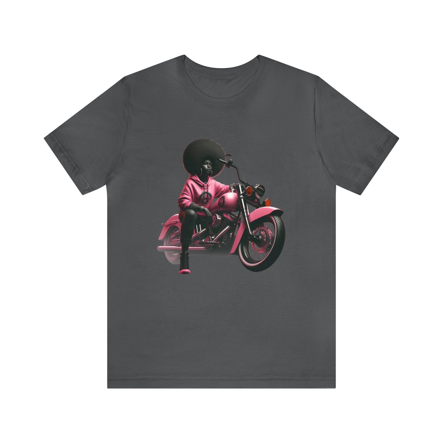 Ride in style with our Afro Chic tee! A black queen, pink sweatshirt, and lush afro, cruising on a pink Soft Tail Motorcycle.