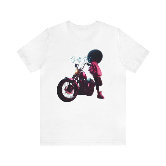 Rev up style with our Soft Tail tee, Black queen on a pink Soft Tail Motorcycle, rocking a pink hoodie and kicks. Irony in every soft detail