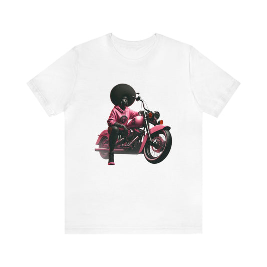 Ride in style with our Afro Chic tee! A black queen, pink sweatshirt, and lush afro, cruising on a pink Soft Tail Motorcycle.