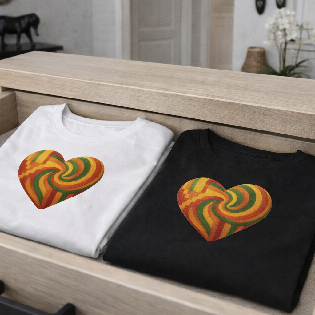 Kente Heart Tee Shirt Vibrant African Heritage Design Celebrating Black Love, Culture Pride in Bold Gold, Red & Green Gift Tshirt