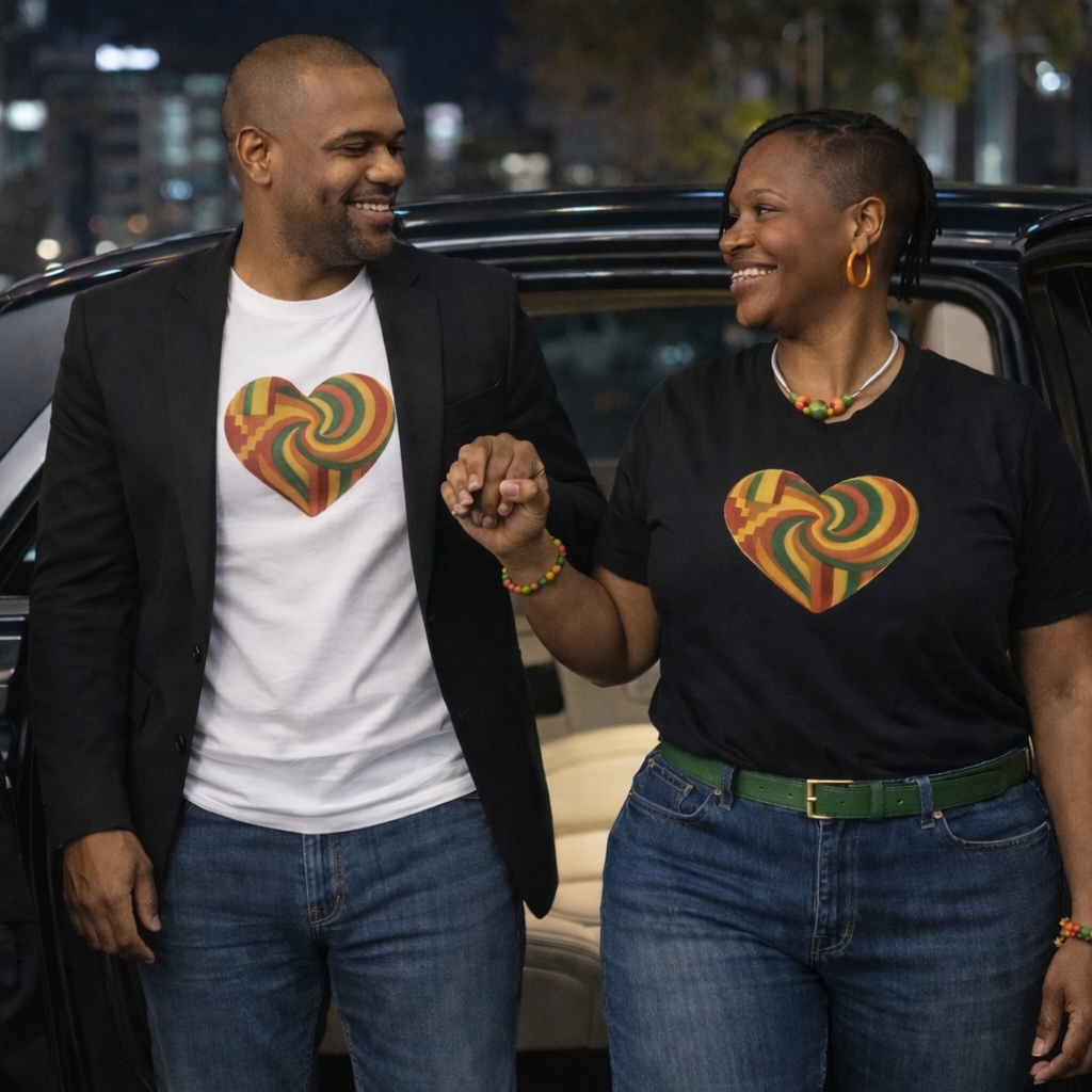 Kente Heart Tee Shirt Vibrant African Heritage Design Celebrating Black Love, Culture Pride in Bold Gold, Red & Green Gift Tshirt
