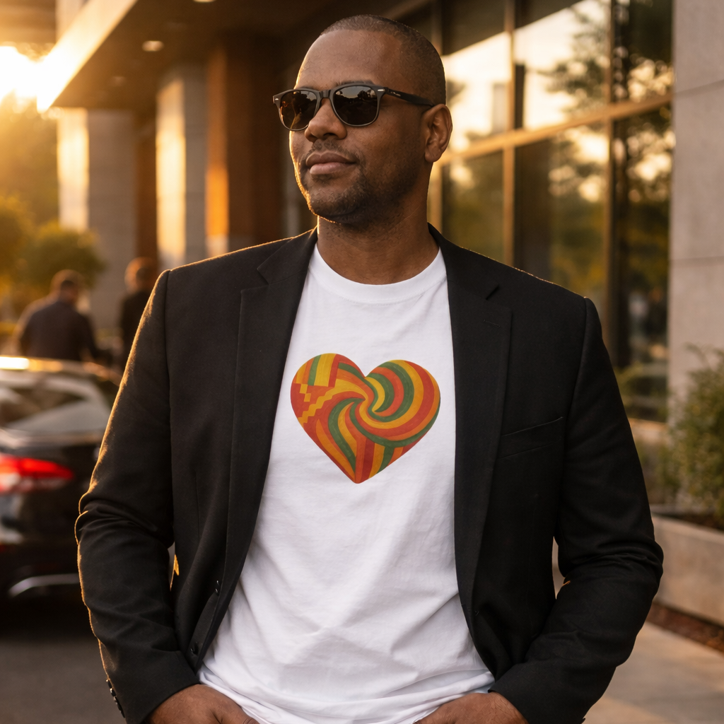 Kente Heart Tee Shirt Vibrant African Heritage Design Celebrating Black Love, Culture Pride in Bold Gold, Red & Green Gift Tshirt