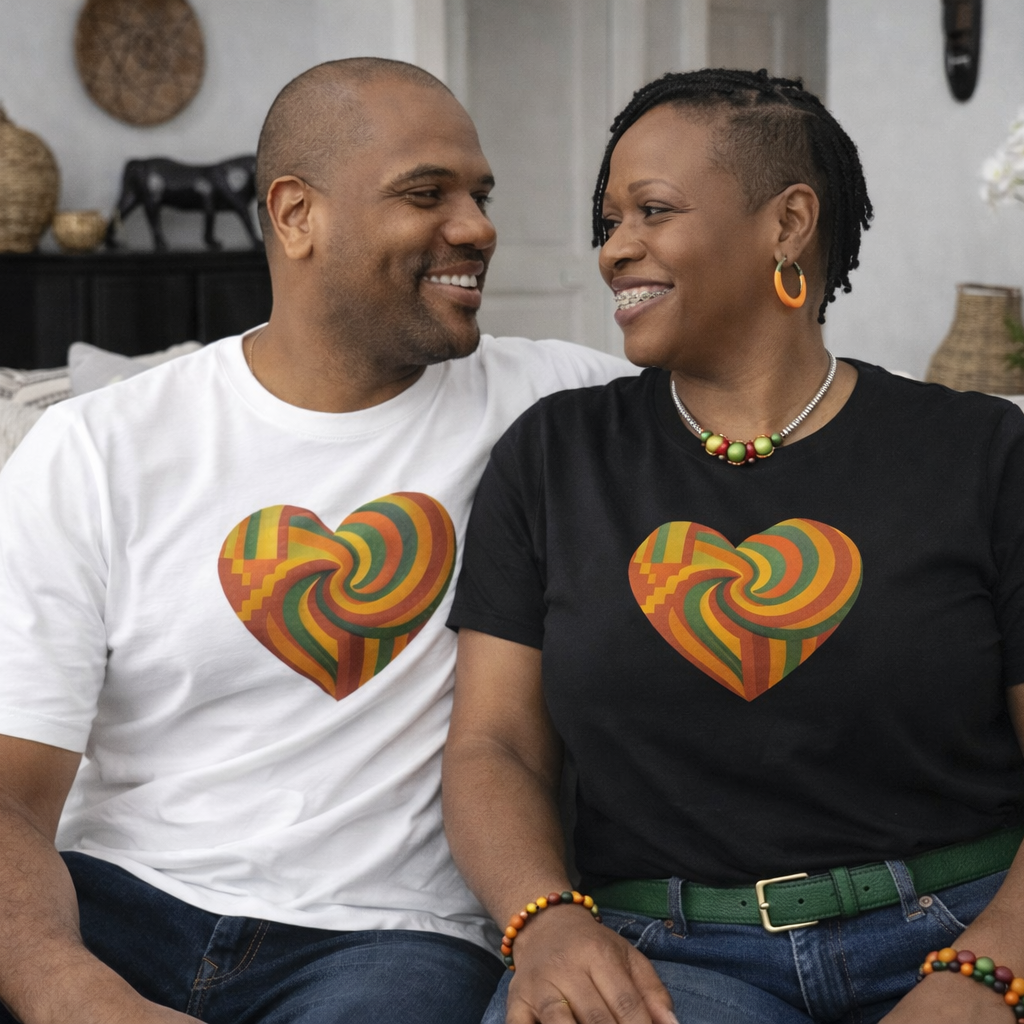 Kente Heart Tee Shirt Vibrant African Heritage Design Celebrating Black Love, Culture Pride in Bold Gold, Red & Green Gift Tshirt
