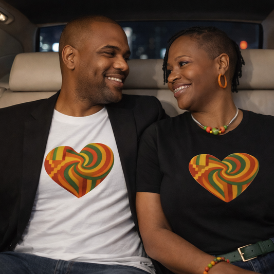 Kente Heart Tee Shirt Vibrant African Heritage Design Celebrating Black Love, Culture Pride in Bold Gold, Red & Green Gift Tshirt
