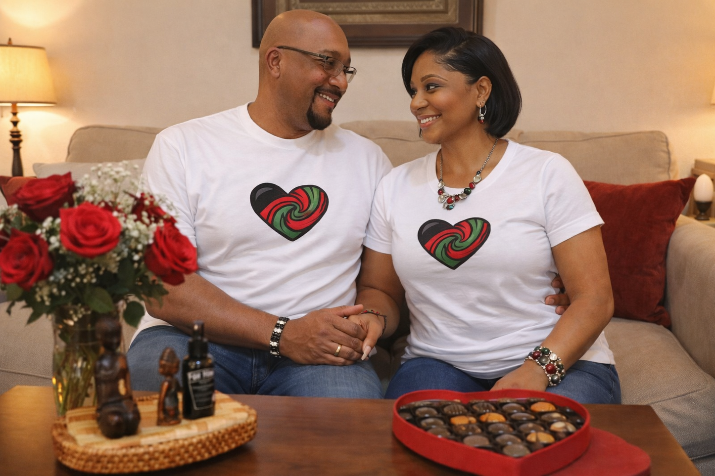 Pan-African heart Tshirt celebrating self-love and Black love pride in our skin unity in our bond and power loving each other Tee