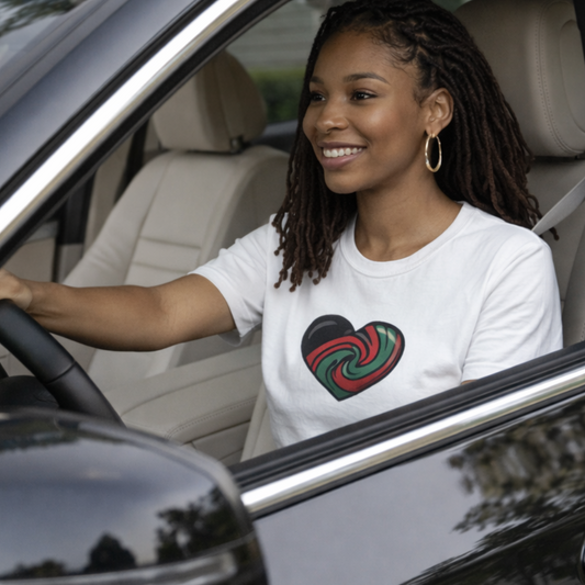 Pan-African heart Tshirt celebrating self-love and Black love pride in our skin unity in our bond and power loving each other Tee