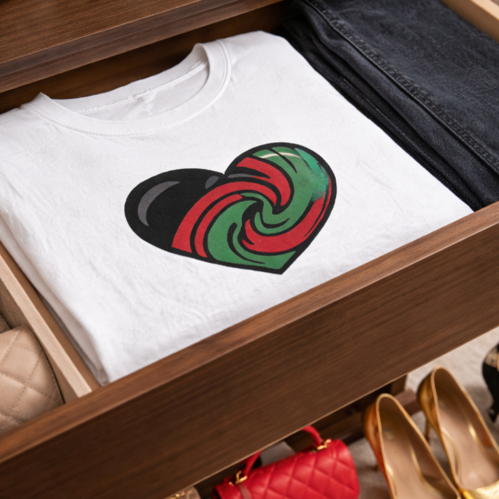Pan-African heart Tshirt celebrating self-love and Black love pride in our skin unity in our bond and power loving each other Tee