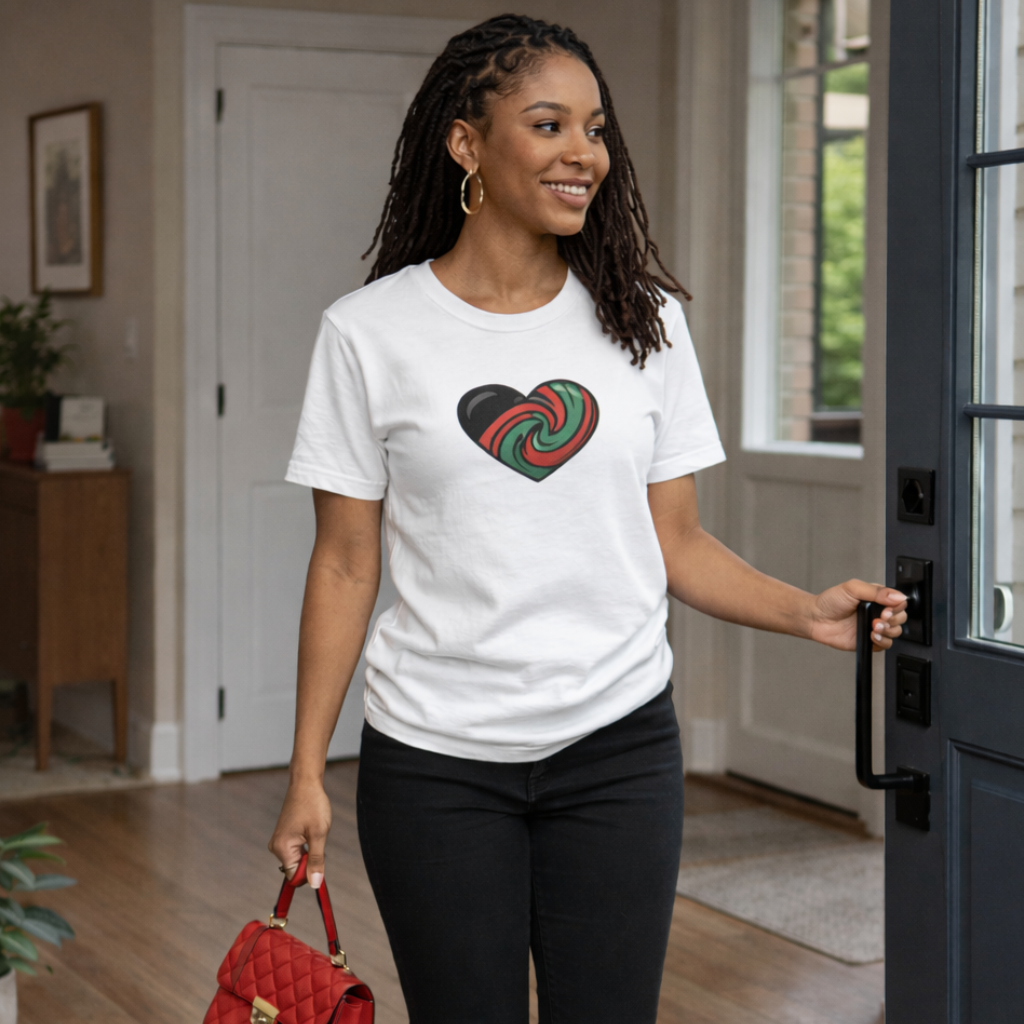Pan-African heart Tshirt celebrating self-love and Black love pride in our skin unity in our bond and power loving each other Tee