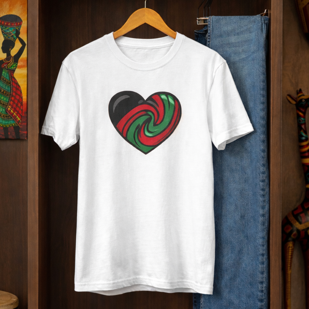 Pan-African heart Tshirt celebrating self-love and Black love pride in our skin unity in our bond and power loving each other Tee