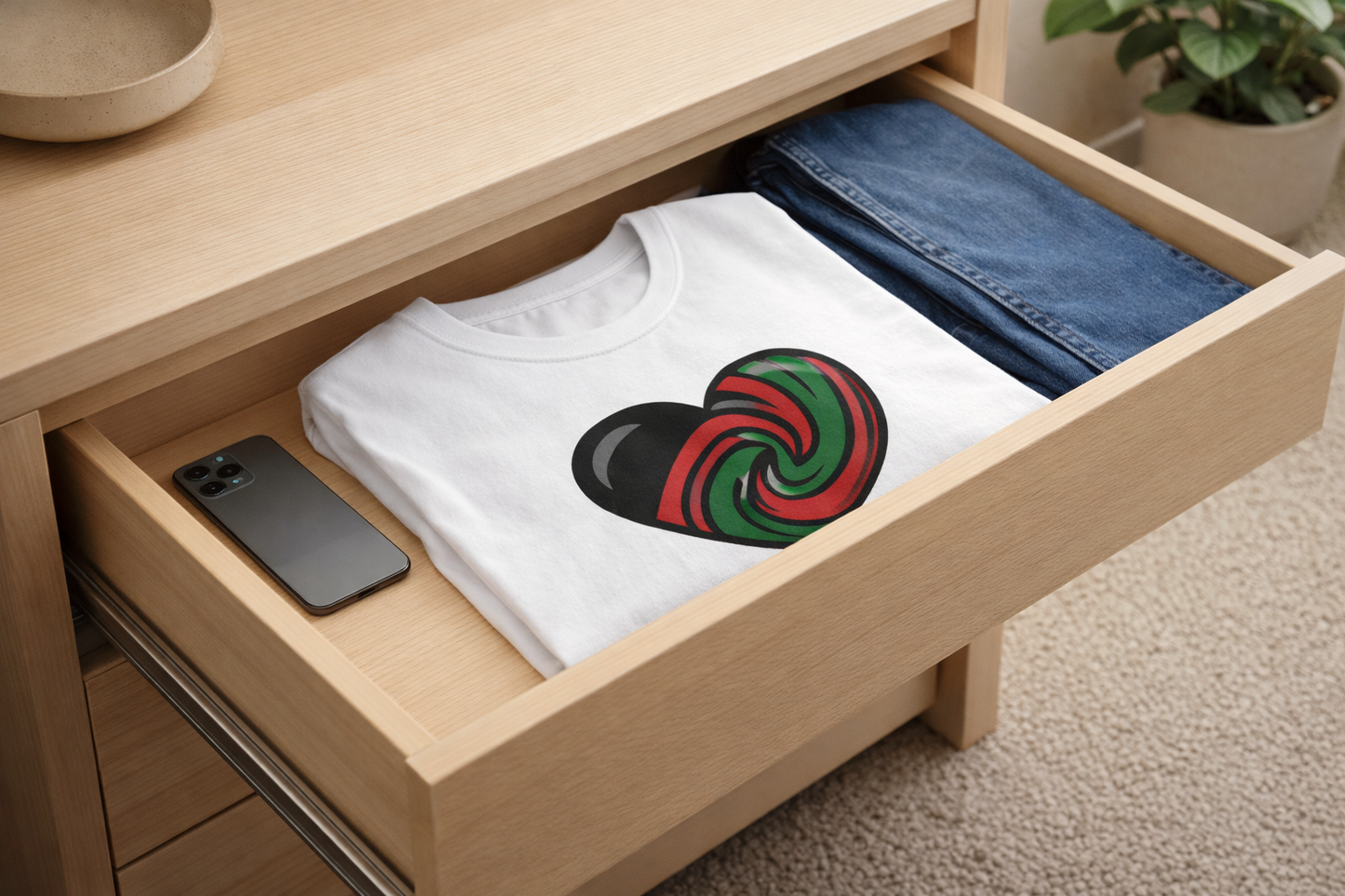 Pan-African heart Tshirt celebrating self-love and Black love pride in our skin unity in our bond and power loving each other Tee