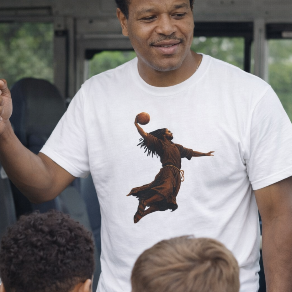 Faith meets hang time when Jesus rises, the Kingdom dunks. Hoops, hope, and holy confidence in one bold tee.