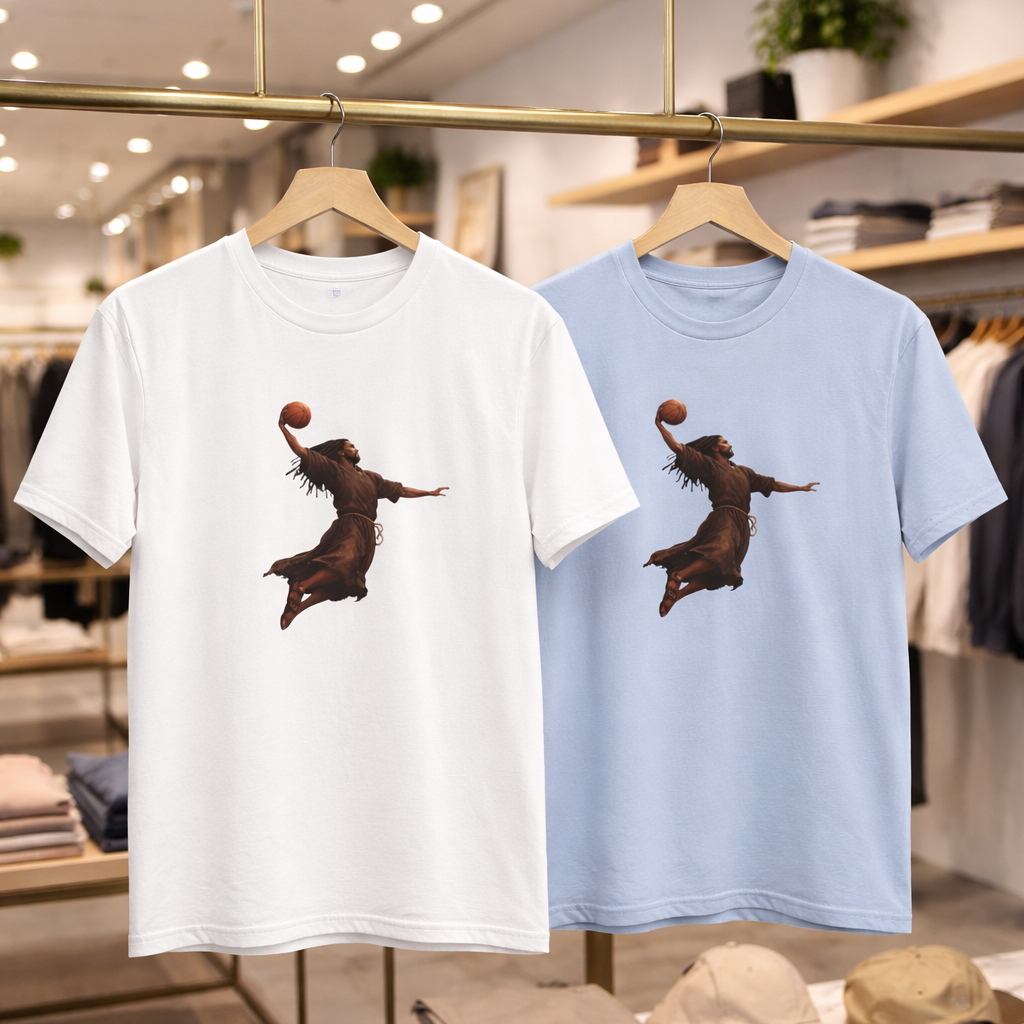 Faith meets hang time when Jesus rises, the Kingdom dunks. Hoops, hope, and holy confidence in one bold tee.