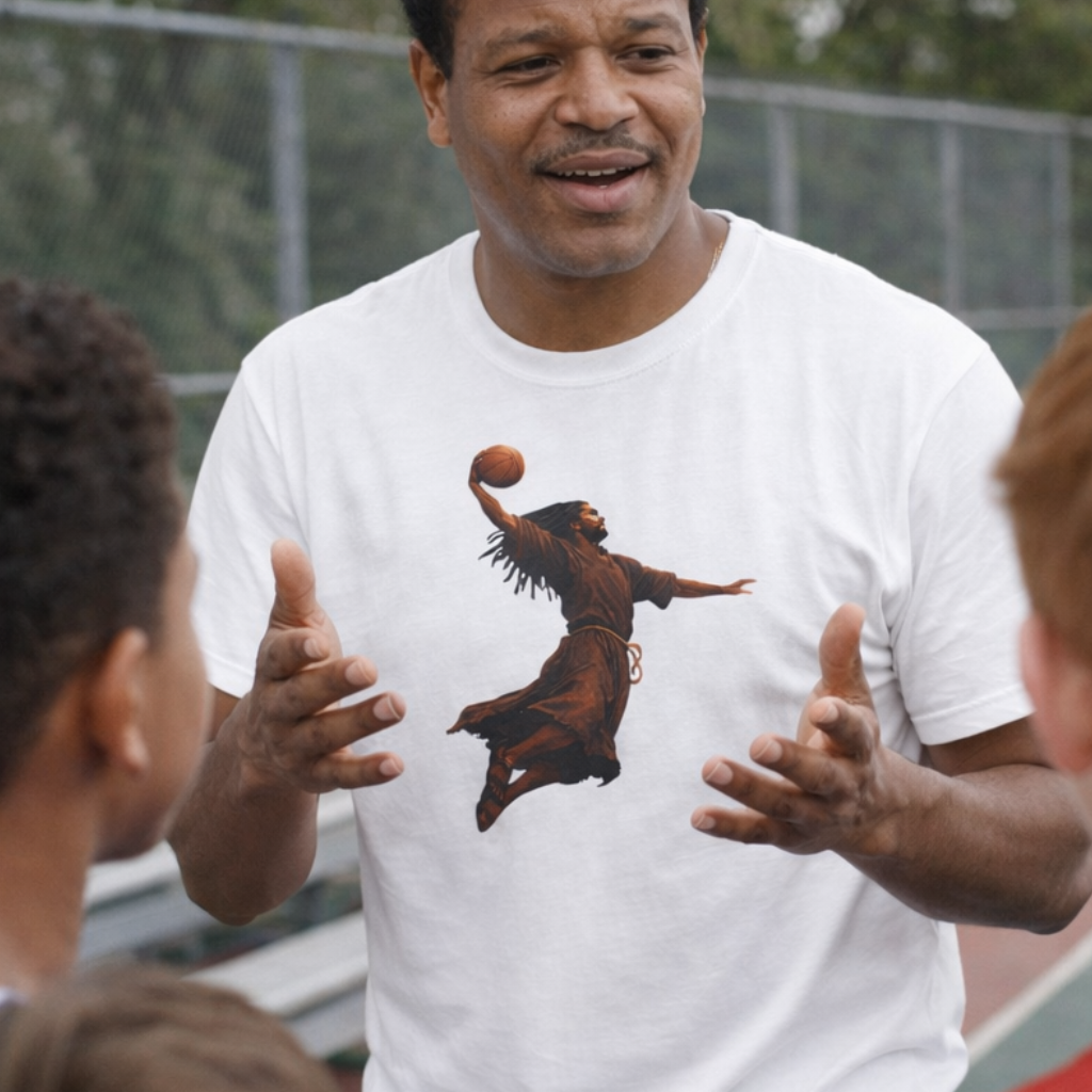 Faith meets hang time when Jesus rises, the Kingdom dunks. Hoops, hope, and holy confidence in one bold tee.