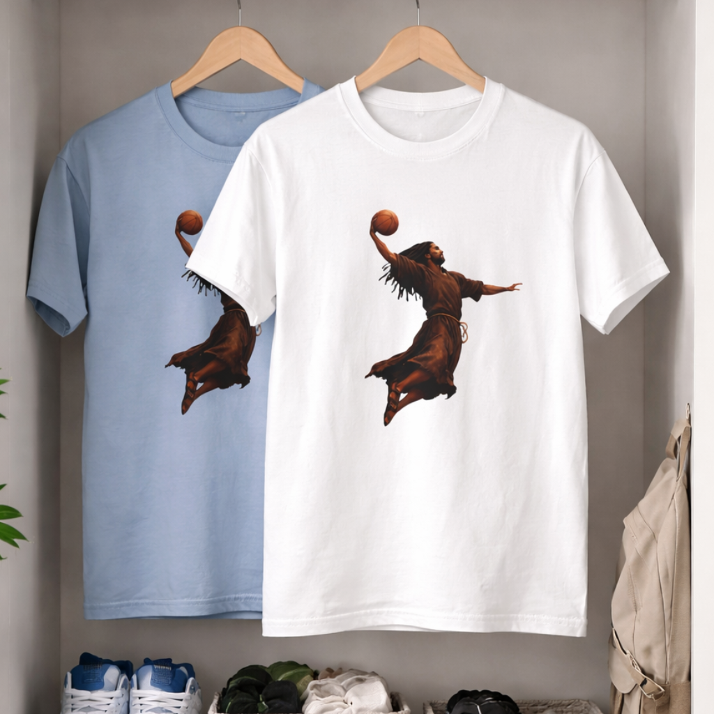 Faith meets hang time when Jesus rises, the Kingdom dunks. Hoops, hope, and holy confidence in one bold tee.