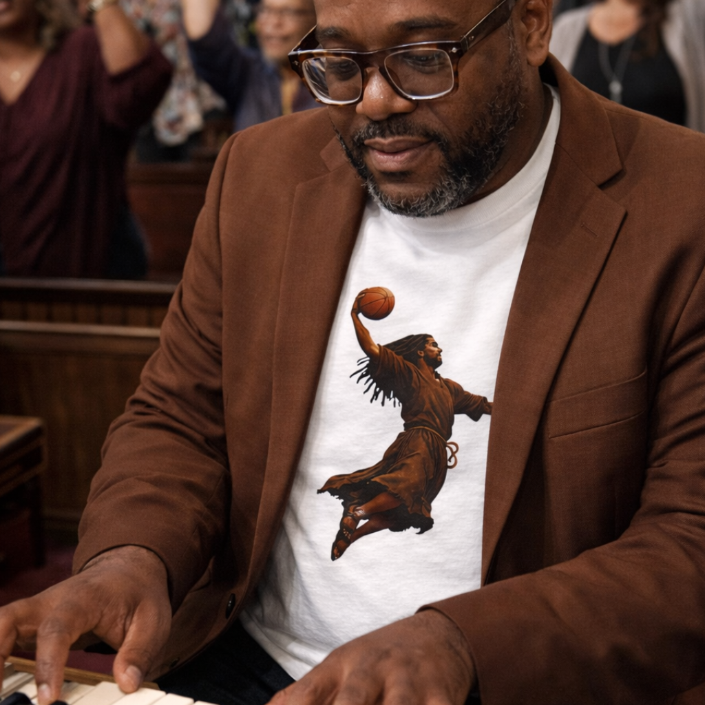 Faith meets hang time when Jesus rises, the Kingdom dunks. Hoops, hope, and holy confidence in one bold tee.