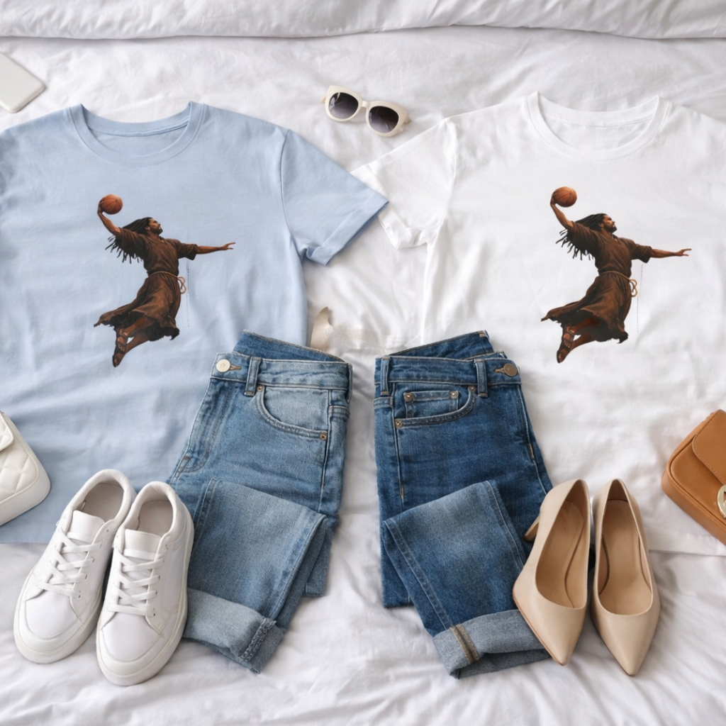 Faith meets hang time when Jesus rises, the Kingdom dunks. Hoops, hope, and holy confidence in one bold tee.