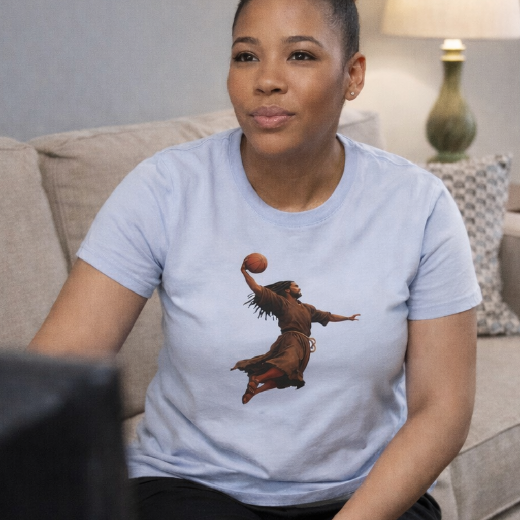 Faith meets hang time when Jesus rises, the Kingdom dunks. Hoops, hope, and holy confidence in one bold tee.
