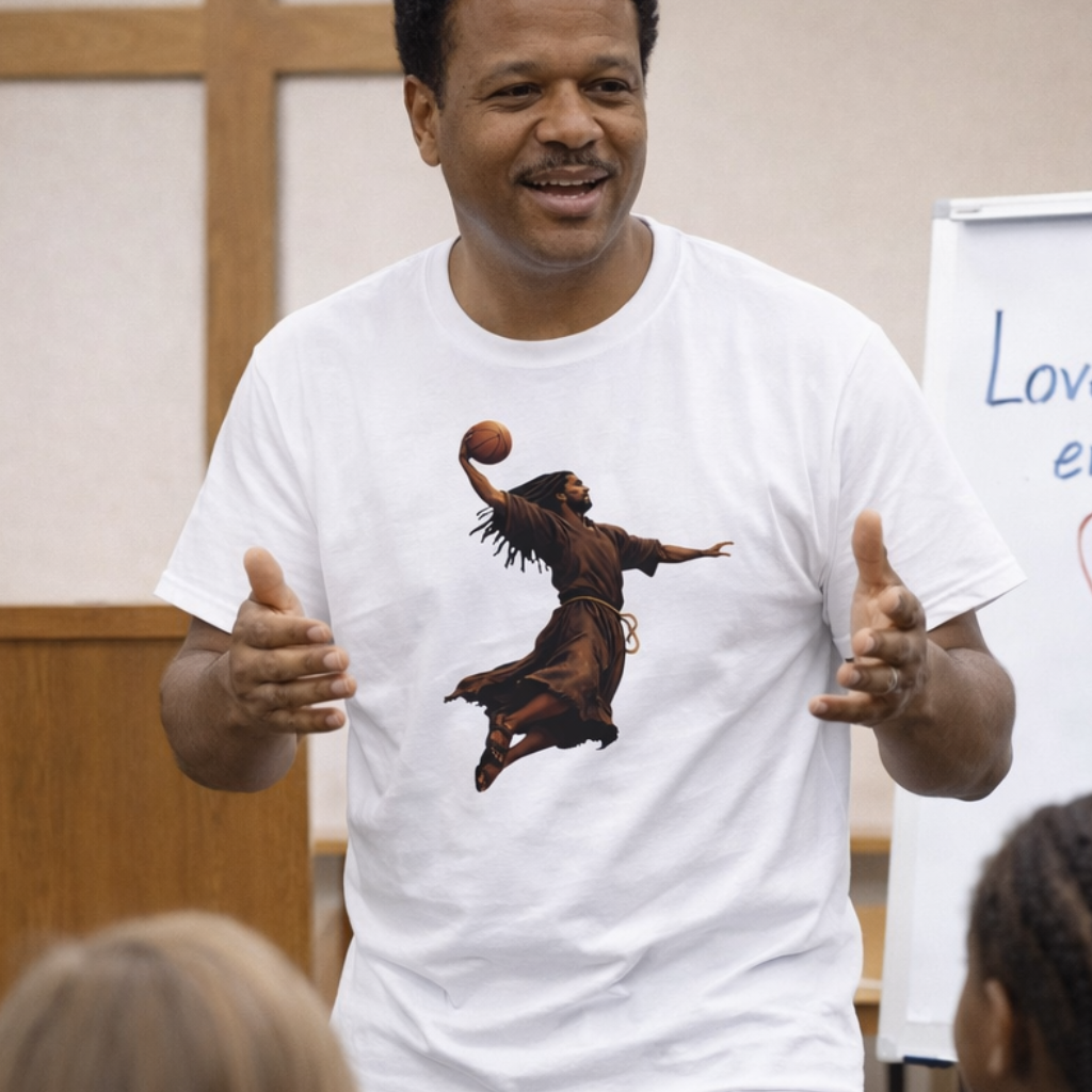 Faith meets hang time when Jesus rises, the Kingdom dunks. Hoops, hope, and holy confidence in one bold tee.