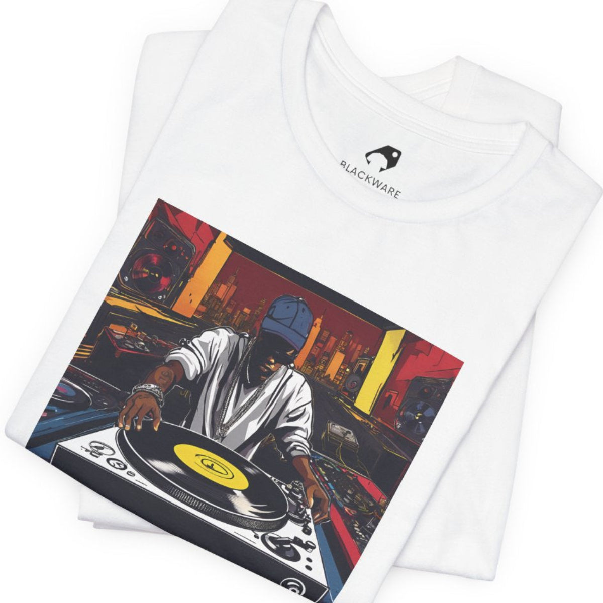 Get down with the Turntable Titan tee! Iconic DJ gear showcased in fresh detail. Urban vibes, bold colors, raw energy. Live for the beat!"