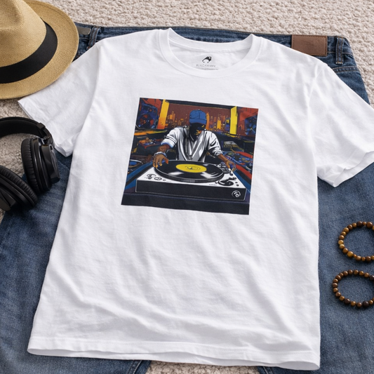 Get down with the Turntable Titan tee! Iconic DJ gear showcased in fresh detail. Urban vibes, bold colors, raw energy. Live for the beat!"