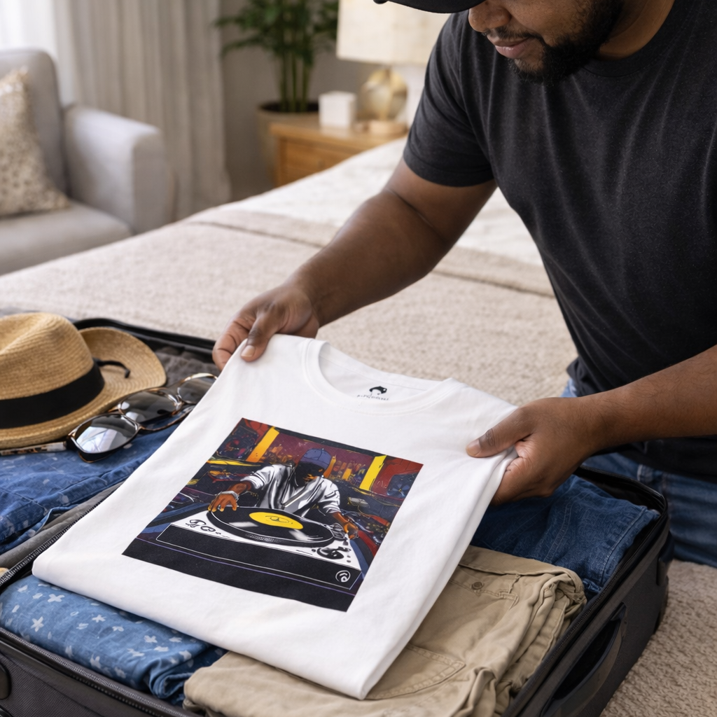 Get down with the Turntable Titan tee! Iconic DJ gear showcased in fresh detail. Urban vibes, bold colors, raw energy. Live for the beat!"